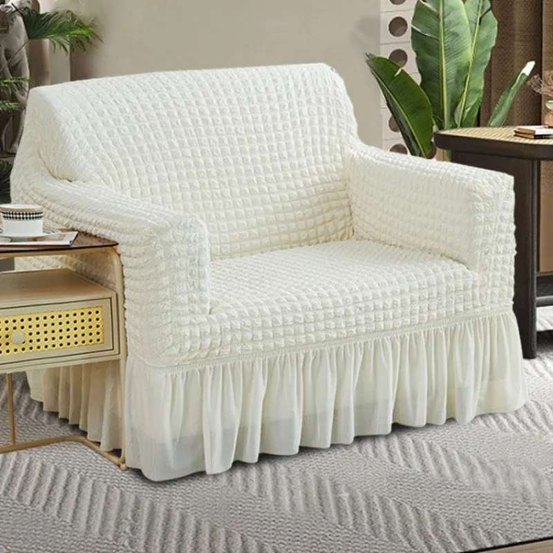 Single Seat Sofa Cover with Ruffle Skirt Stretch Couch Slipcover Anti-Cat Scratch & Dustproof for Living Room