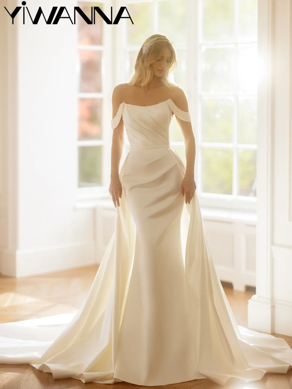 

Ivory Satin Pearls Long Wedding Dress With Detachable Train Dreamy Off Shoulder Bridal Gown Customized New Dresses For Bride