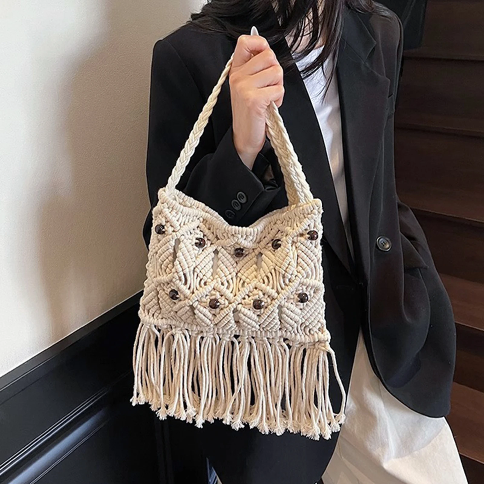 

Women Crochet Bag, Beaded Large Capacity Shoulder Bag Crossbody Bag Beach Bag for Casual Daily