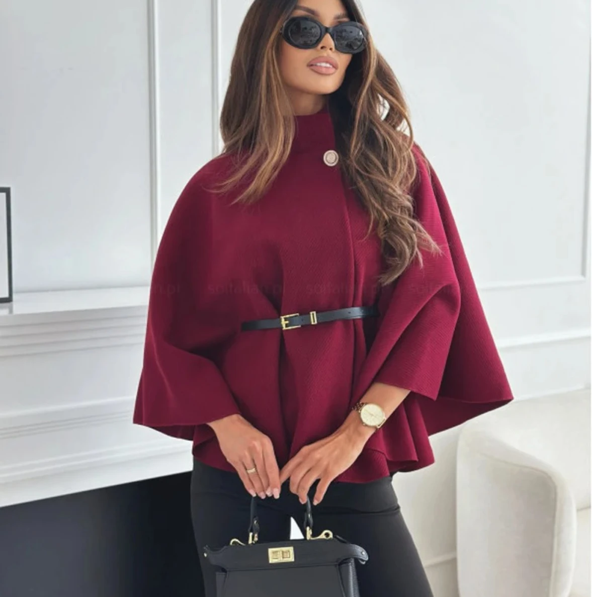 

2025 Autumn Winter Women's Batwing Sleeve Poncho Coat | Single Buckle Tweed Waist Cinching | Elegant Loose Thick Warm