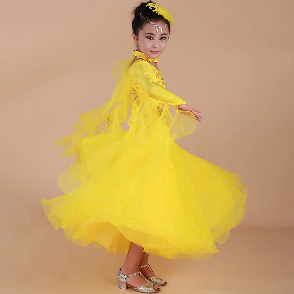 Competition Children's Dance Dress Standard Long Sleeve Purple Prom Girls Dress Yellow Modern Waltz dress Ribbon