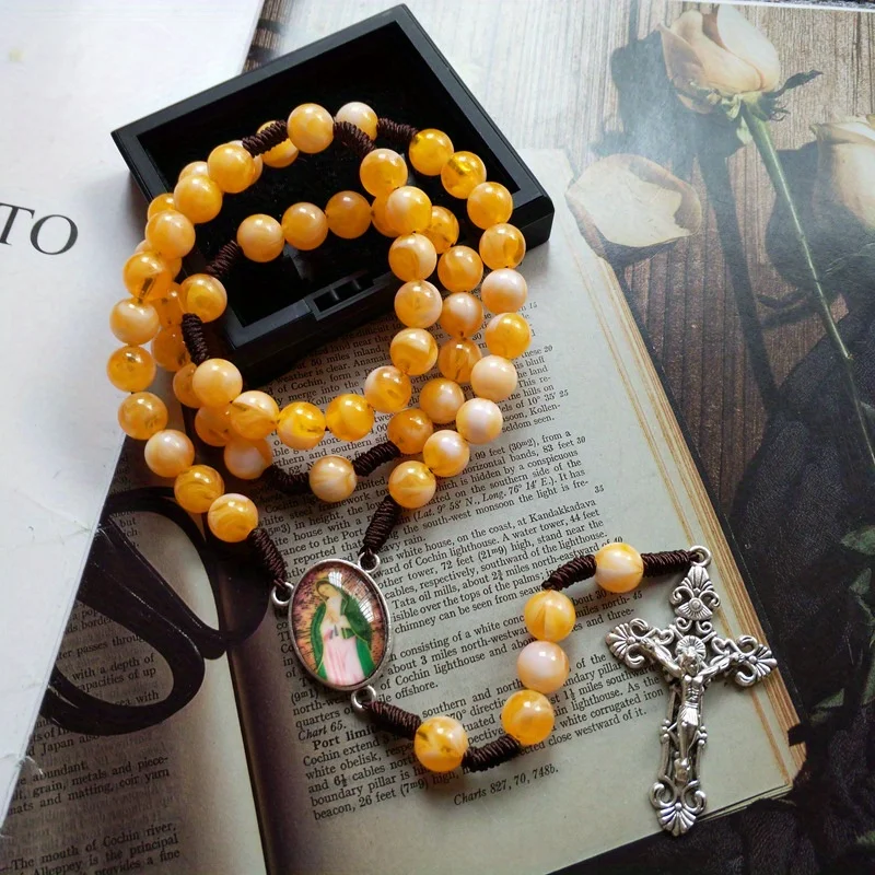 Cottvott católico mão trançada corda corrente rosário contas colar virgem maria cristo jesus cruz pingente colar jóias presente