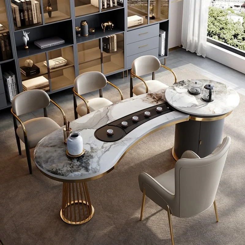 

Designer high-end tea table light luxury rock slab modern simple Italian tea table office tea table and chair integrated combina