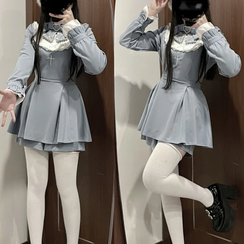 Japanese Lolita Outfits 2024 Spring Casual Embroidery Patchwork Tops + Shorts Female Loose Suit Y2k Aesthetic Two Piece Sets