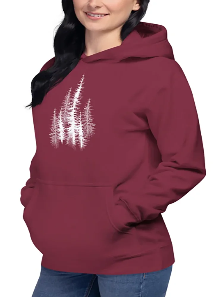 Pine Forest Trees สีขาวพิมพ์แขนยาว Crewneck Hoodie อินเทรนด์ Retro ขนาดใหญ่ของขวัญสําหรับเธอและเขากราฟิกเสื้อผ้า