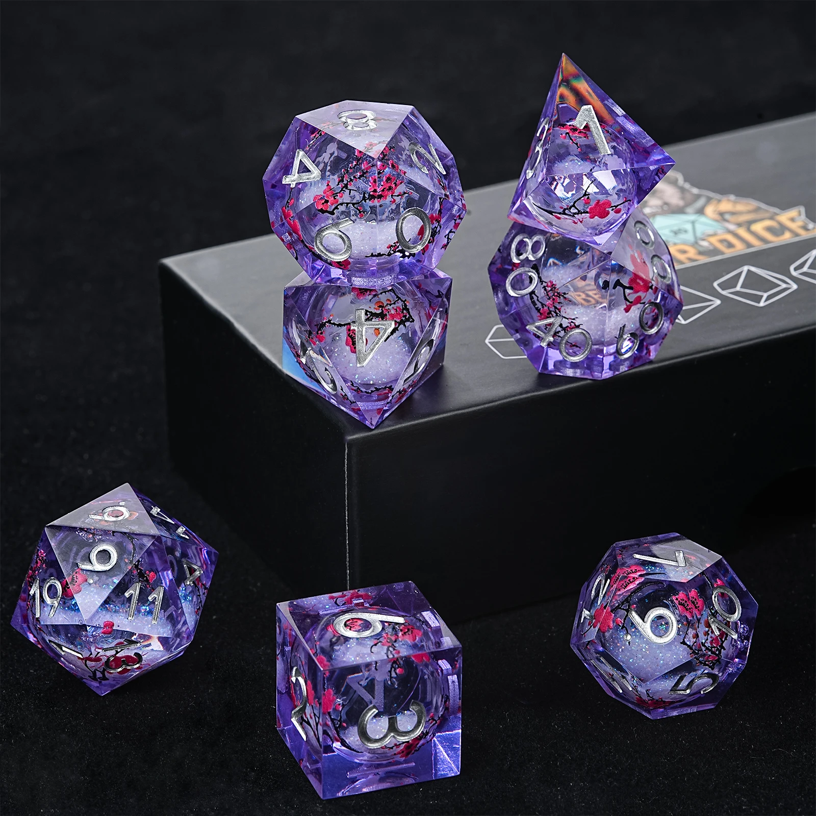 

7Pcs DND Plum Blossom Resin Dice Set Purple Quick Sand Silver Word Multi-sided Polyhedral Dice for D&D COC Role RPG Table Game
