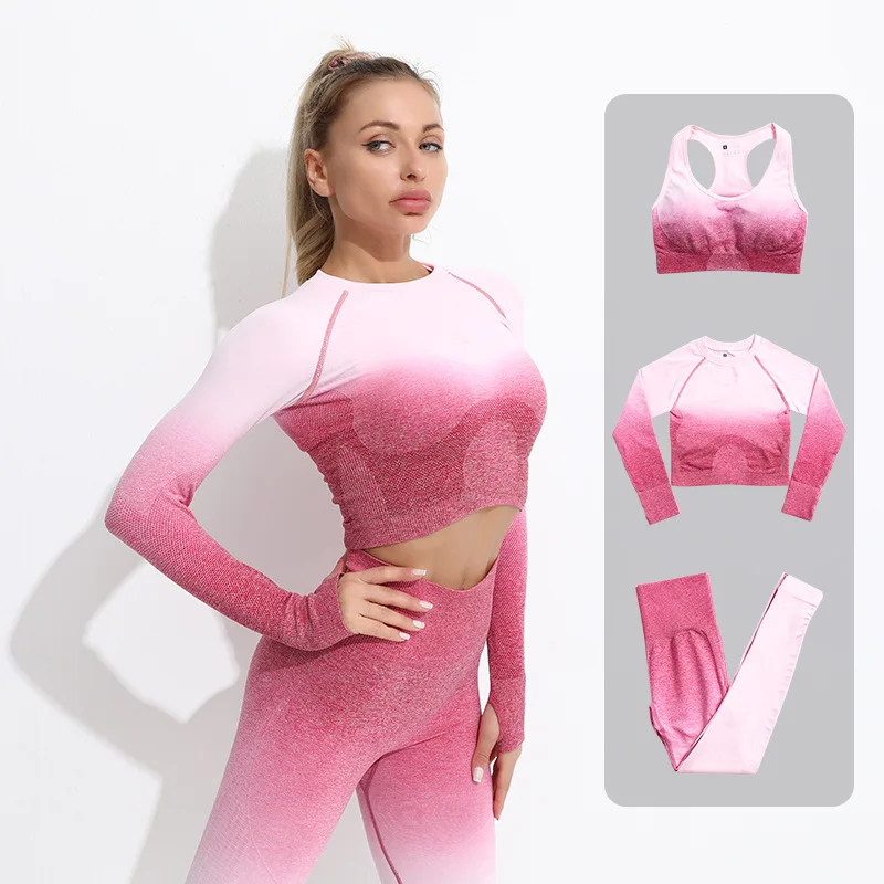 sexy girl sseamless yoga set long sleeve upper high waist belly control sport leggings Gradient sport Bra suit