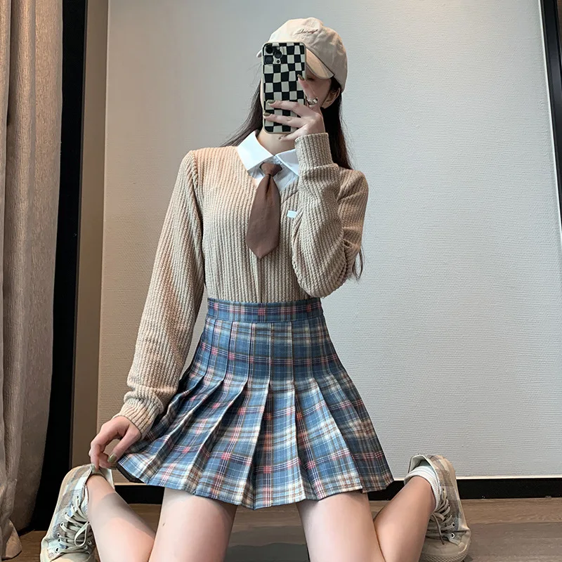 

Юбка А-силуэта с высокой талией в клетку, женская, весна-лето-осень, в стиле преппи, плиссированная, милый городской стиль, фасон «летучая мышь»