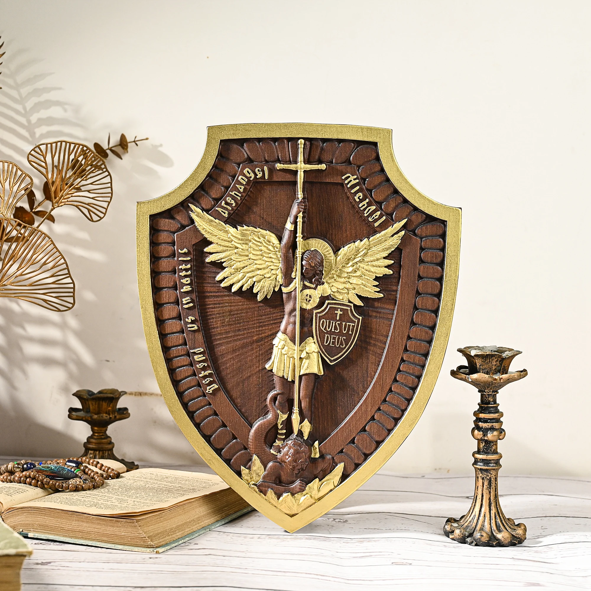 Shield of Saint Michael's family, wall hanging, religious statue, wood carving, home decoration