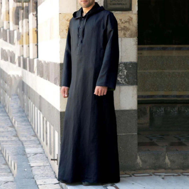 Men Muslim Clothes Saudi Arab Long Sleeve Hooded Robes Gown Jubba Thobe Dubai Middle East Men Islamic Saudi Arabia Kaftan