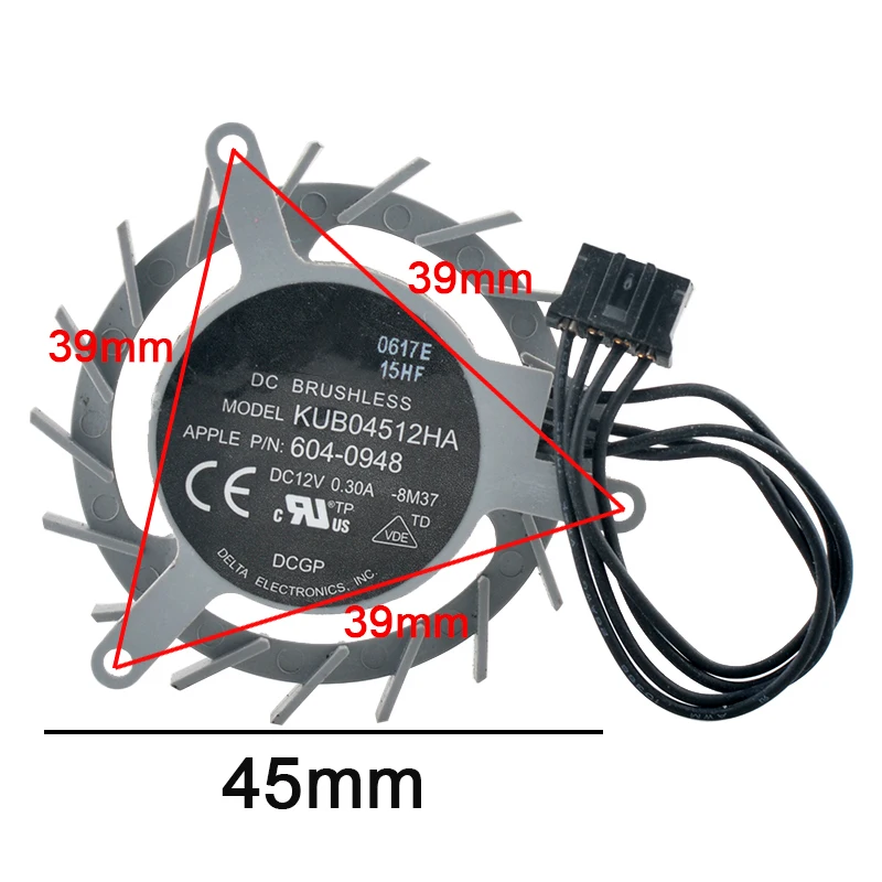 KUB04512HA Graphics Card Cooling Fan 45mm Diameter Hole Spacing 39mm DC12V 4-Pin Compatible with Mac Pro A1289 GT120 A1310