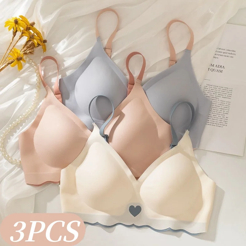 3-teiliges Set Niedlicher Herz-Print Nahtlose Bügellose BHs Damen Wellenkanten-Bralette Sexy Dessous Dehnbar 2-reihiger Rückenverschluss Unterwäsche S-XL