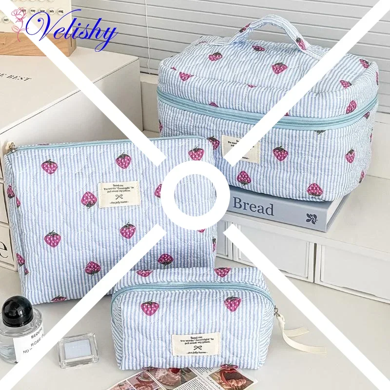 Women Pink Blue Strawberry Cosmetic Bag Portable Travel Organizer Toiletry Makeup Storage Pouch Handbag Ladies Zipper Bag