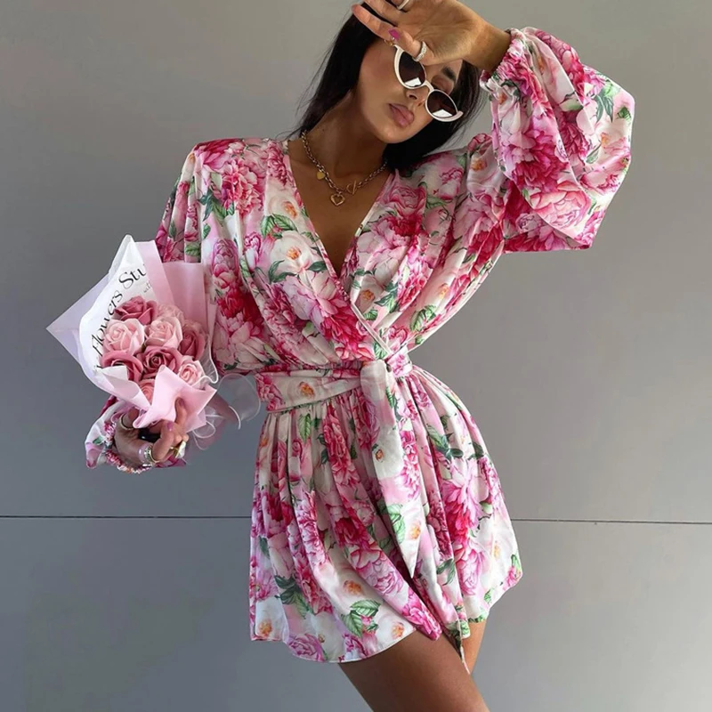Autumn Summer Printed Wide Leg Playsuit For Women Chiffon Lace Long Sleeve Jumpsuit V Neck  Romper Female Outfit Streetwear