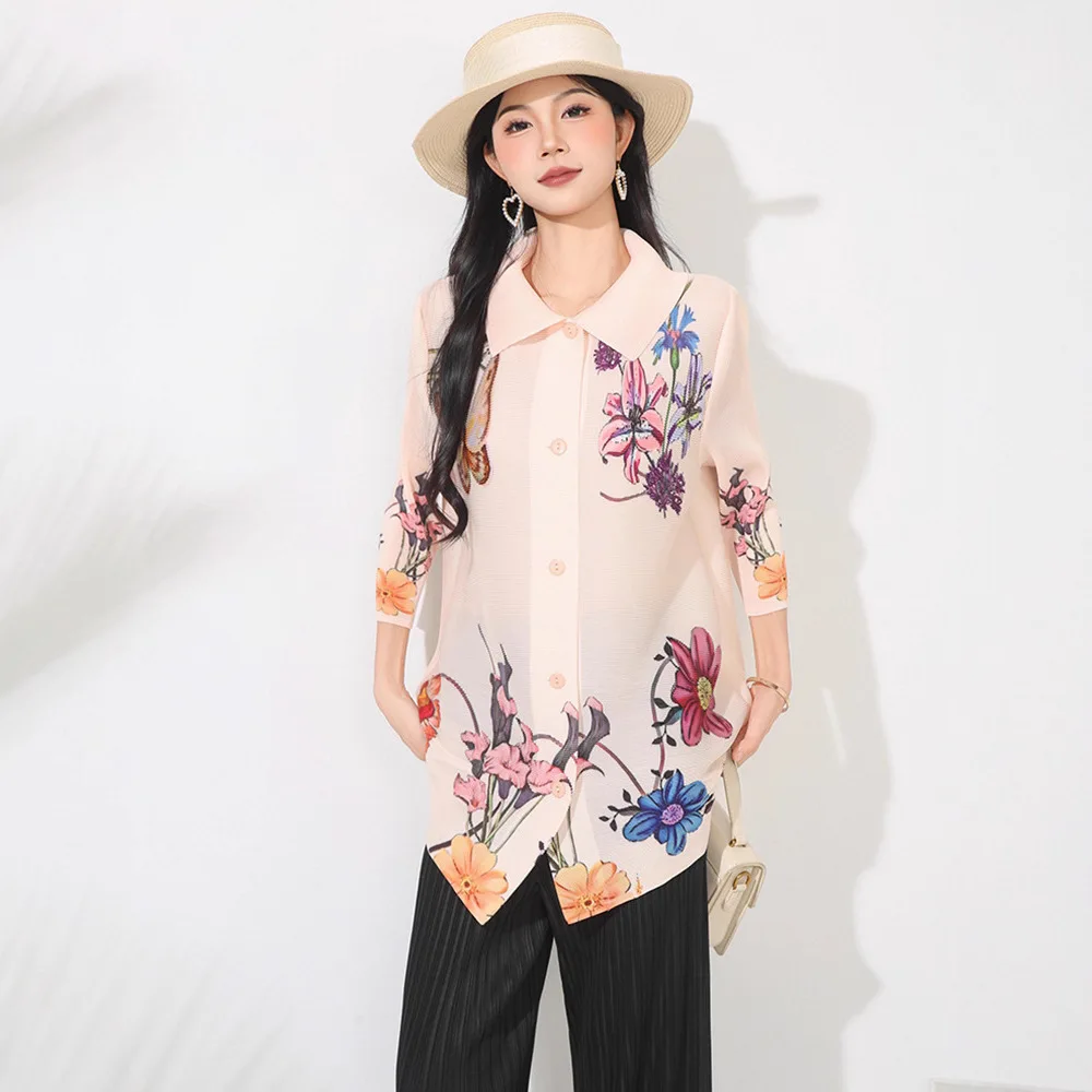 Miyake 2025 New Spring and Autumn Large Size Fashionable Noble Lapel Top Foreign Style Age-reducing Advanced Pleated Shirt Women