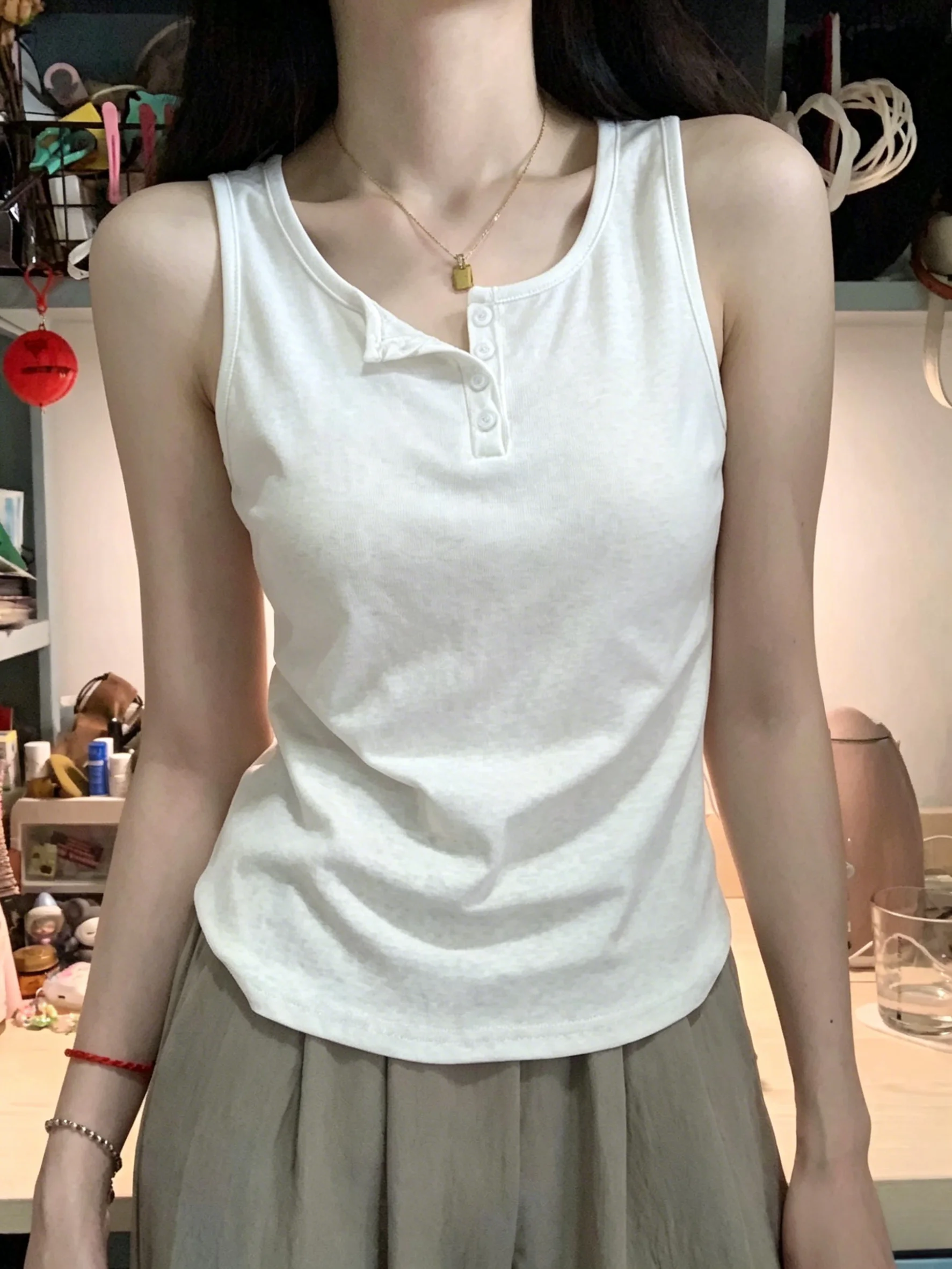 Summer New Large Size Snowflake Cotton Button Strap Vest Women's Inner Wear Outer Wear Loose Top Sleeveless Simple Style