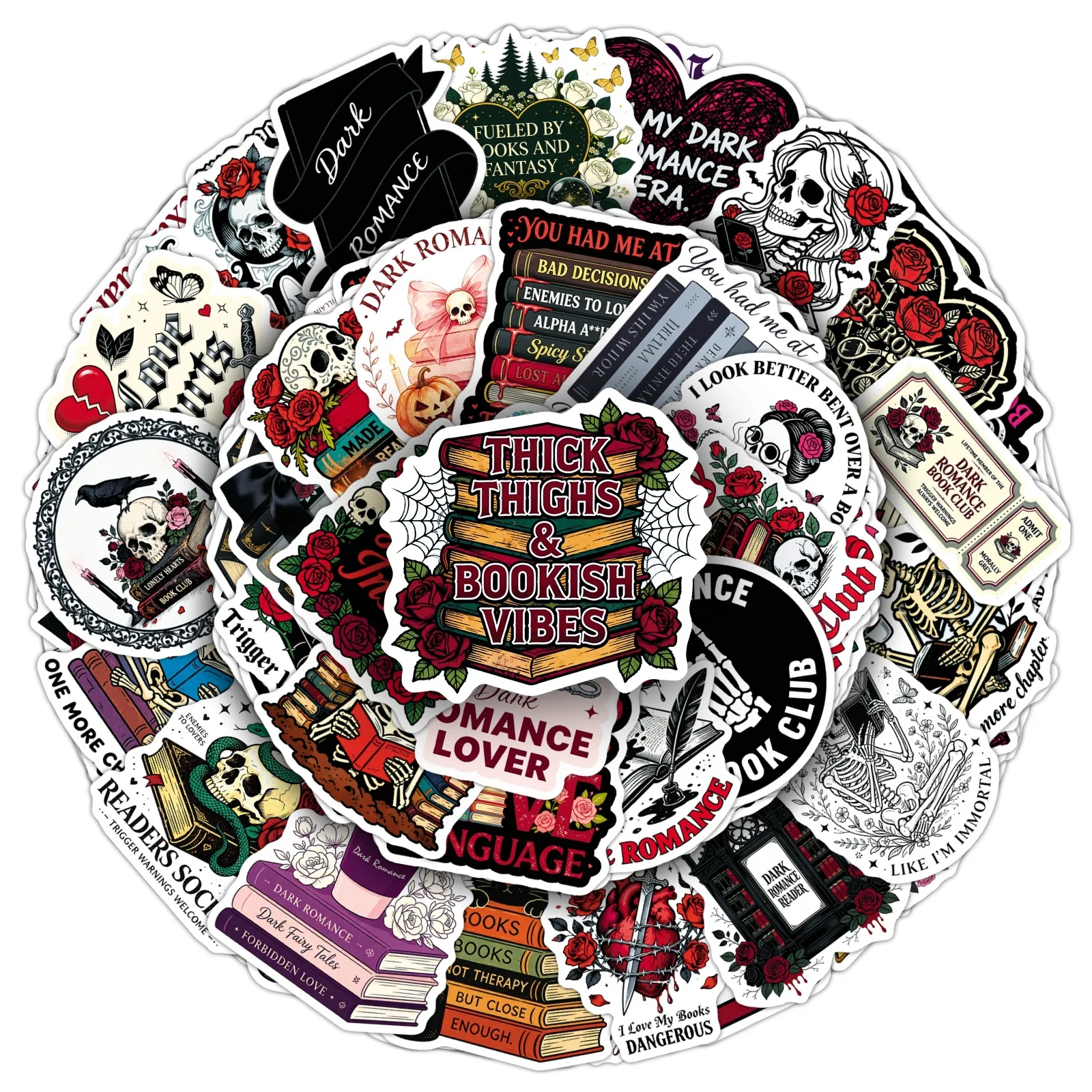 50Pcs Black Romantic Reading Stickers Skull Flowers Creative Books Graffiti Suitcase Journal Headphones Stickers