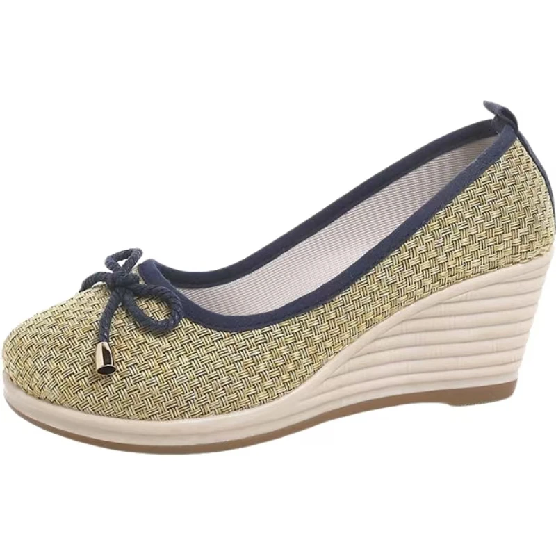 2026 New Women Wedges Big Size Cloth Shoes Spring Autumn New Soft sole Round Toe Shallow Slip On Bowknot High Heel Nude Shoes view 6