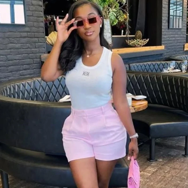 HXAO Pantaloncini corti da donna Mini Pantaloncini neri Pieghe estive Pantaloncini larghi da donna Pantaloncini casual a vita alta Bermuda da ufficio Pantaloncini bianchi rosa