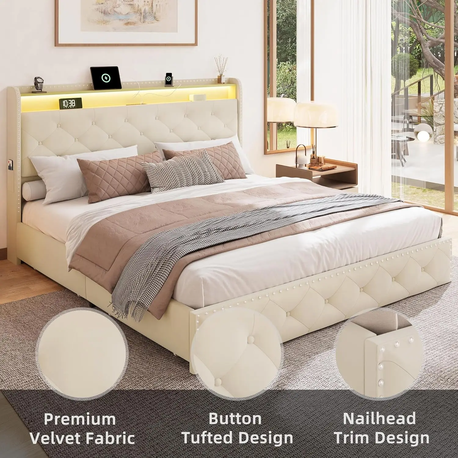 Queen Size Bed Frame with 4 Storage Drawers Platform Bed with Headboard,Upholstered Velve Tufed Beds Frame&LED Light, Customized