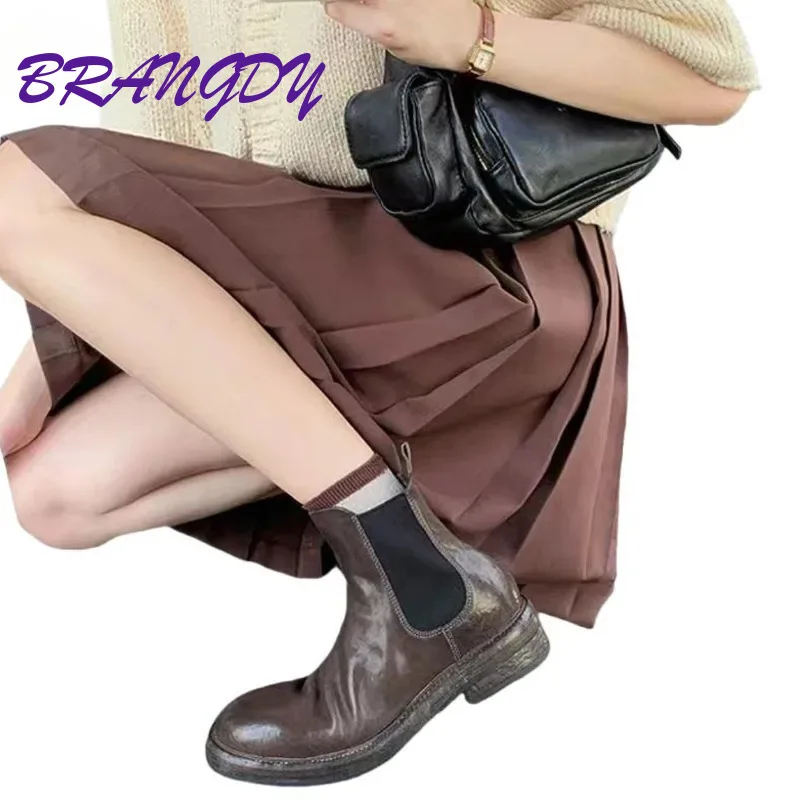 BRANGDY 2024 Autumn And Winter Fashion Trend Cool Washed Horseskin Pleated Thick Heel Elastic Boots Short Boots For Women