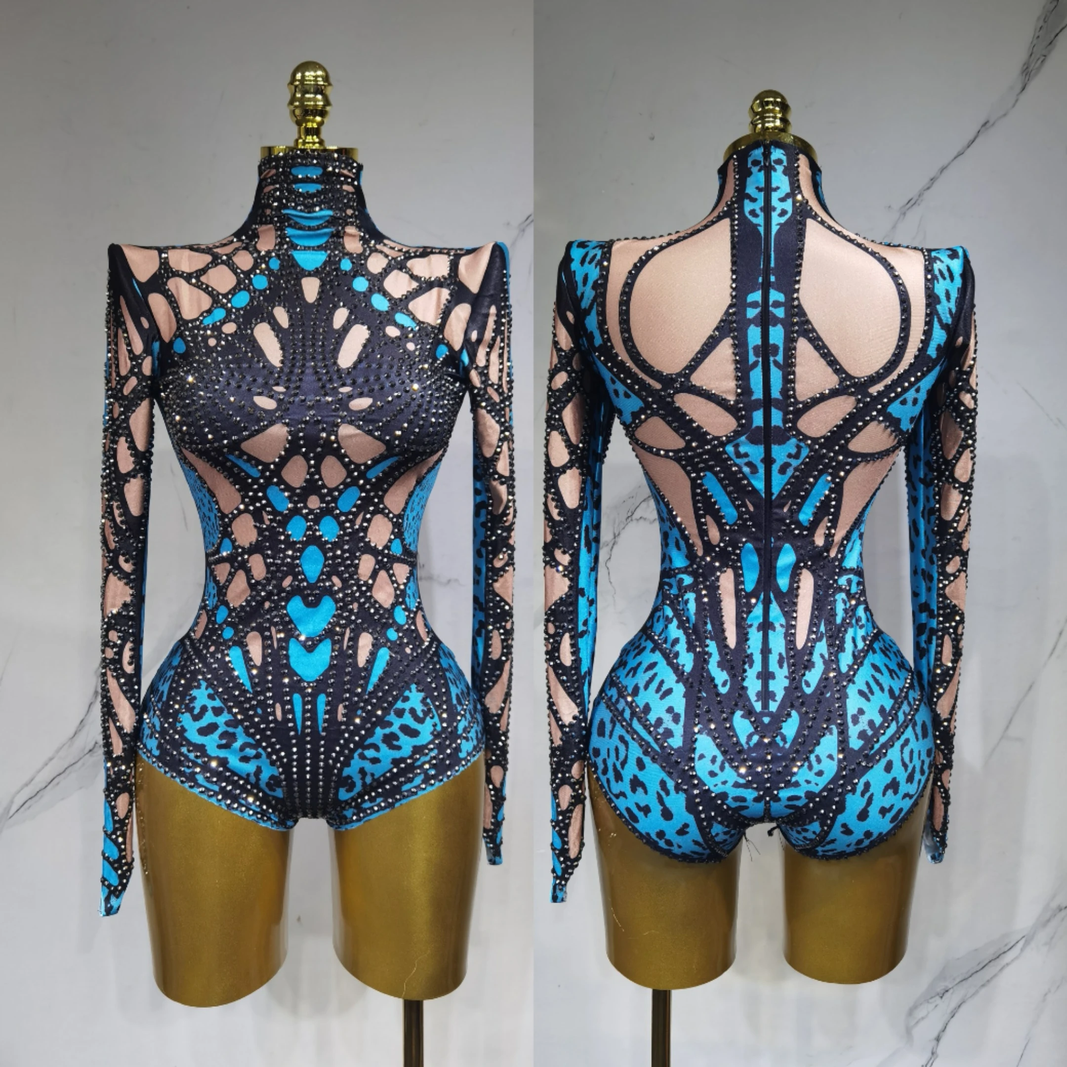 Zilveren strass stretch bodysuits met lange mouwen voor dames sexy avond luxe feest nachtclub toneelkostuum bodysuit