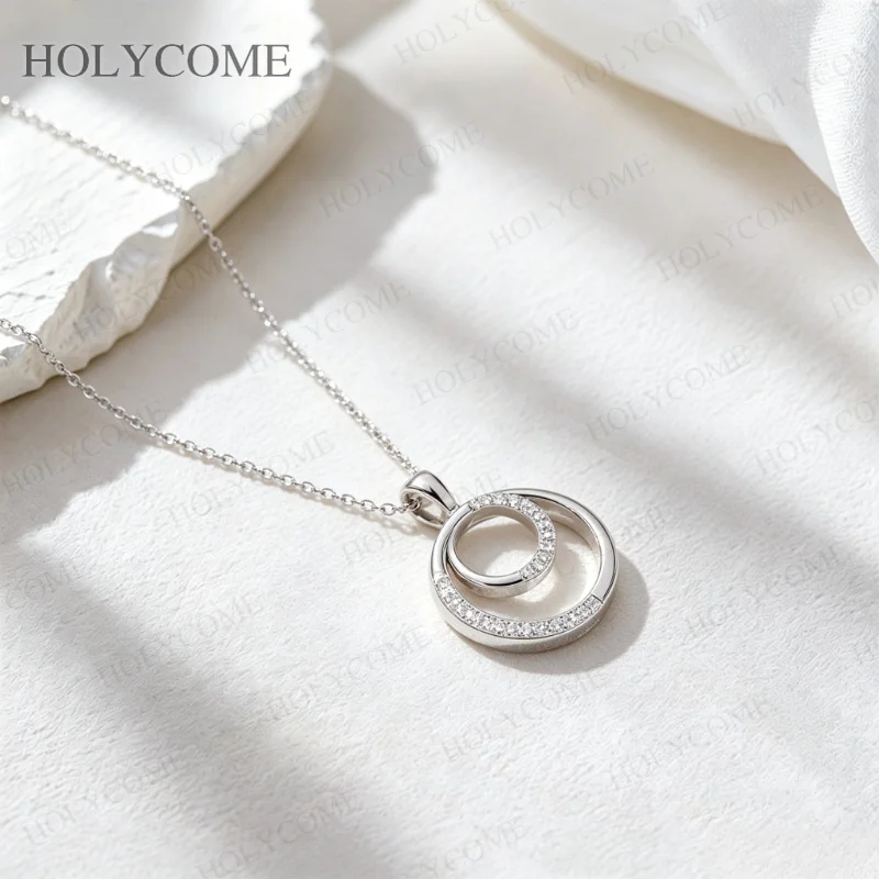 S925 Silber Runder Choker Moissanit Doppelkreis-Anhänger Halskette für Frauen Minimalistischer Zierlicher Modeschmuck – Detail 7