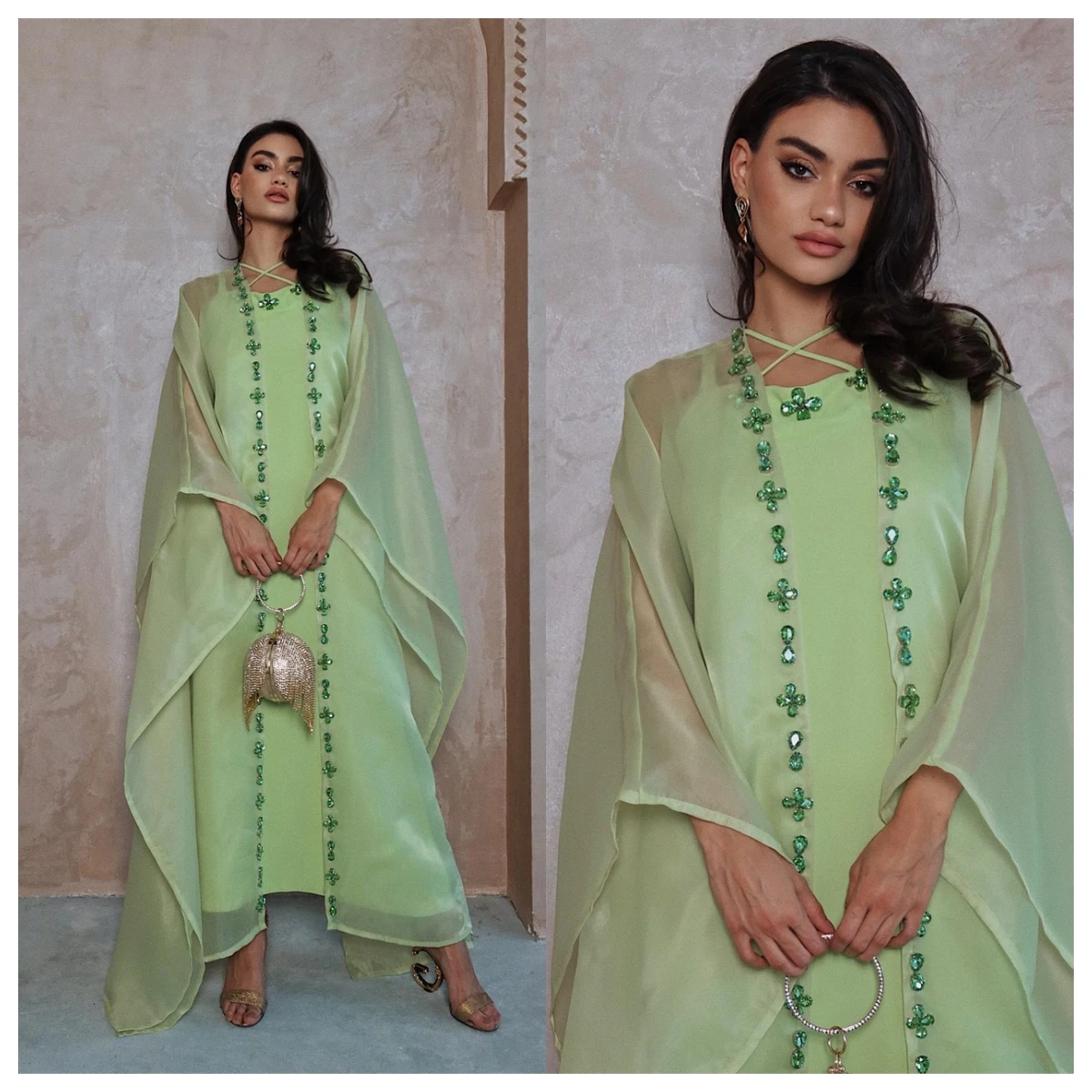 Robe de soirée en Jersey vert, personnalisée, col licou, manches longues, robes de célébrité, sur mesure, robes d'occasion en cristal de haute qualité