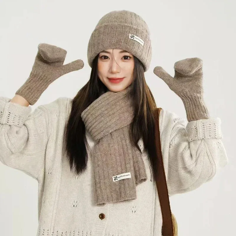 Set Tiga Potong Syal Rajut Sarung Tangan Topi Untuk Wanita&Pria Musim Dingin Tebal Hangat Topi Beanie Topi Anti Dingin Luar Ruangan Set Syal Sarung Tangan