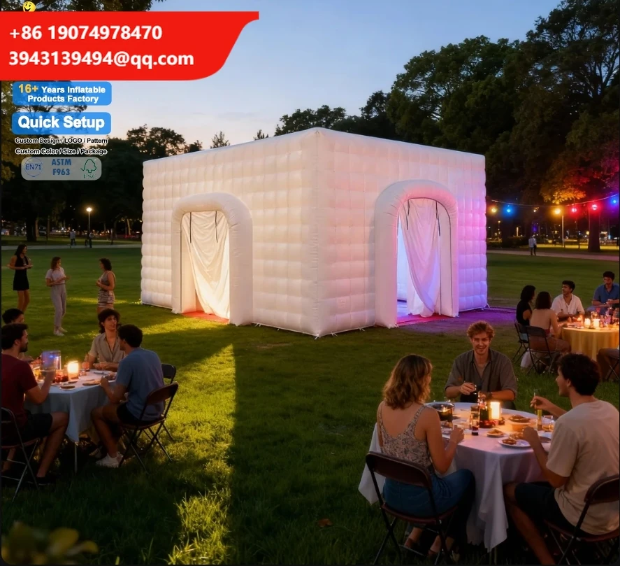 

Custom Commercial Grade Portable Waterproof Windproof Sun Resistant Built-In Fan Easy Setup Party LED Cube Tent Large Inflatable