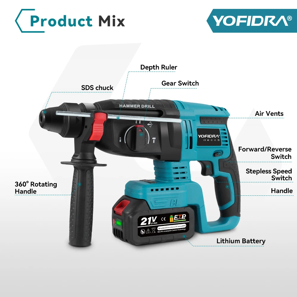 YOFIDRA 26MM Brushless Electric Hammer Drill Multifunctional Rotary Cordless Rechargeable Power Tools For Makita 21V Battery Pin