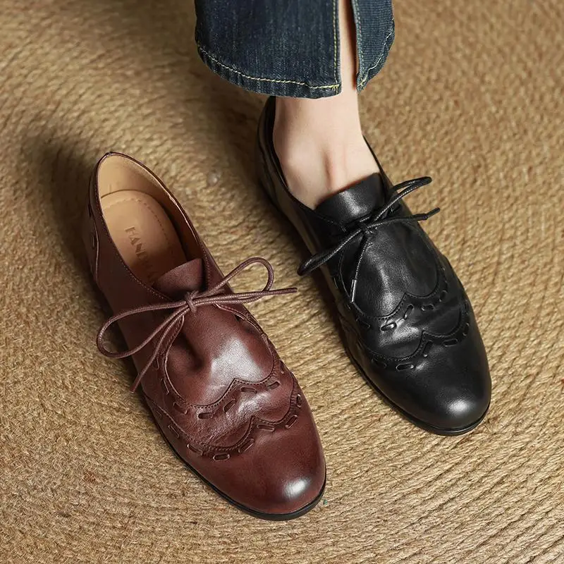 

New Retro British Style Lace-up Leather Shoes Female Genuine Leather Soft Outsole Cowhide Low Heel Oxfords Loafers Women Shoes