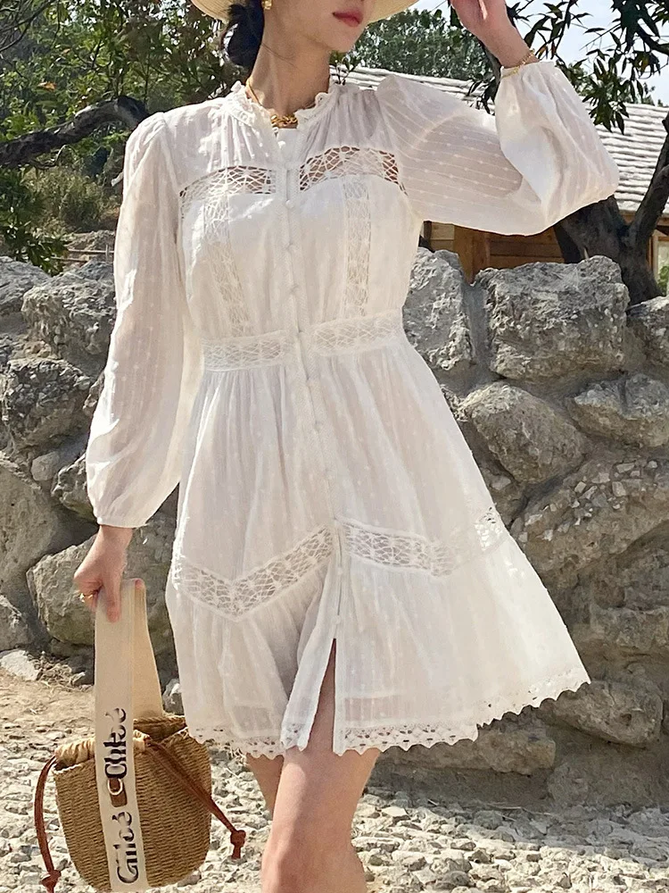 GypsyLady French Lace Chic Mini Dresses Cotton White Long Sleeve Hollow Out Vocation Beach Split Sexy Women Ladies Dress Vestido