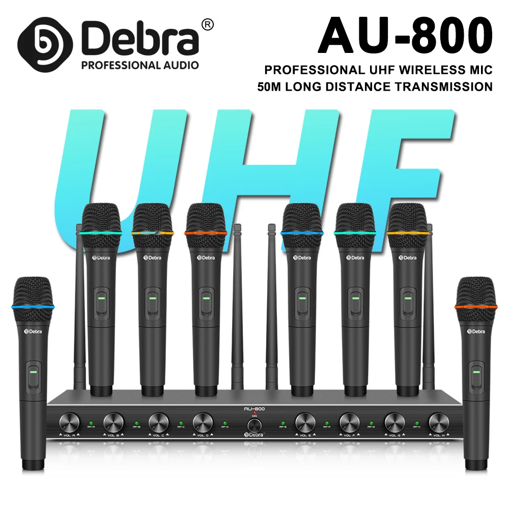 Debra AU800 UHF professional wireless microphone system with handheld, lavalier and headset microphones for stage performances