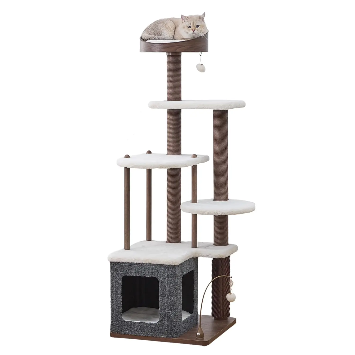

5-Level Recycled Paper Wood Cat Tree with Washable Plush Beds Massager Toys for Small Large Cats Multi-Cat Homes, Customized