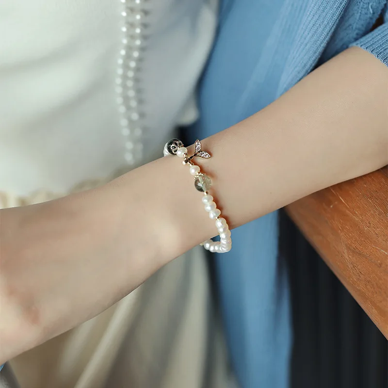 New Arrival Elegant Fish Tail Natural Freshwater Pearl & Crystal 14K Gold Filled Female Charm Bracelet Jewelry For Women Gifts