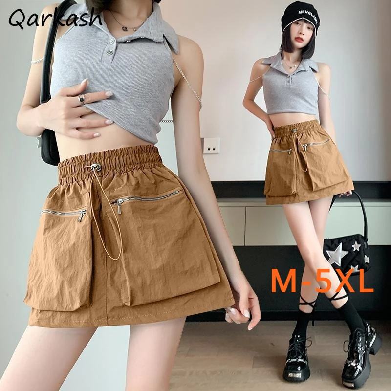 Mini Skirts Women Vintage Cargo High Waist Drawstring Techwear All-match Big Pockets Hotsweet Streetwear Baggy Designed Chic