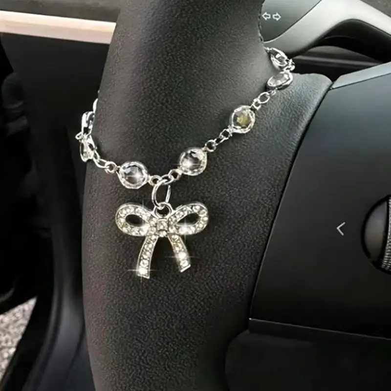 1PC Sparkling Rhinestone Bow Chain, Car Steering Wheel Decoration, Exquisite And Elegant, Ladies' Car Interior Decoration Unique