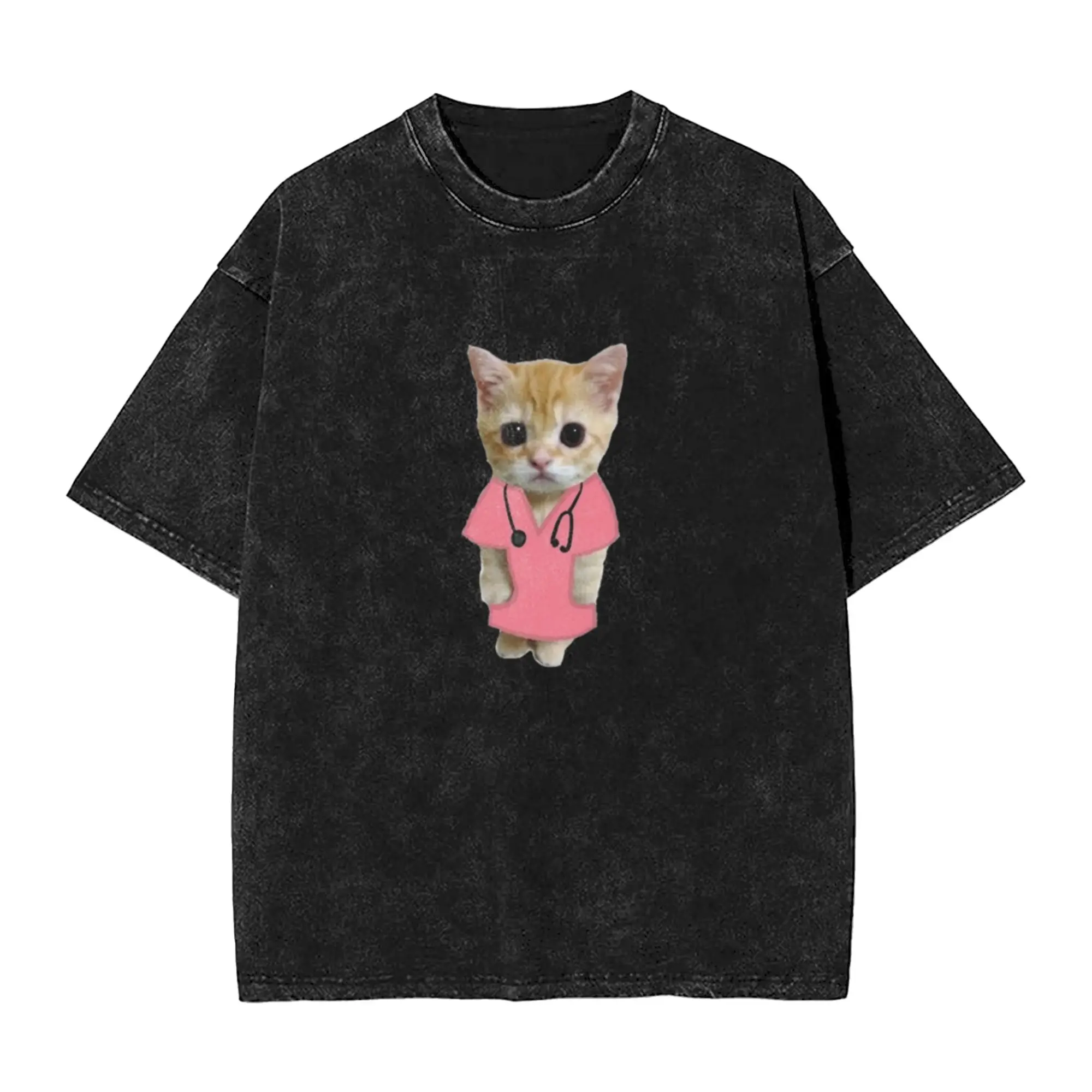 Cute Nurse Cat in Pink Scrubs Classic Comfort A Washed T Shirt Men's Women's Oversized Cotton Tees Tops