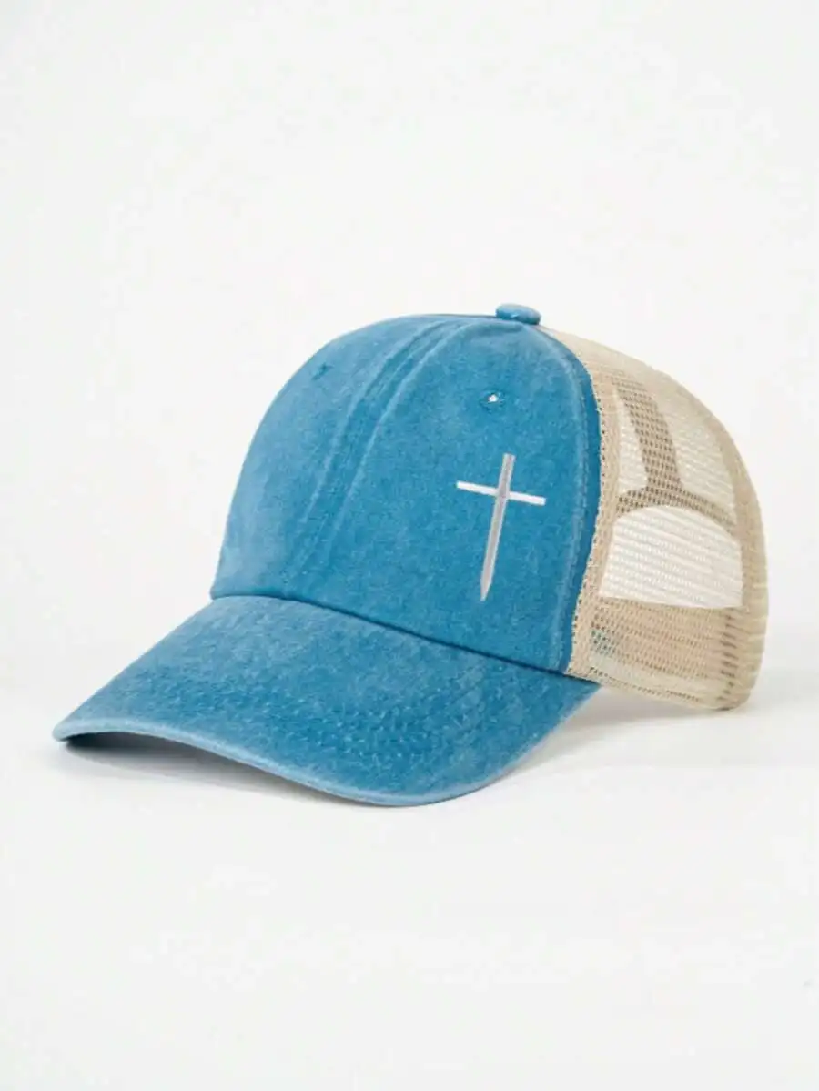 1pc Women's Embroidered Cross Washed Baseball Mesh Cap, Adjustable Trucker Hat For Outdoor, Spring/Autumn Travel, Beach