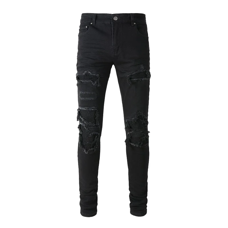 

The Best Seller Men's Black Distressed High Street Slim Fit Stretch Ribs Patches Holes Ripped Jeans