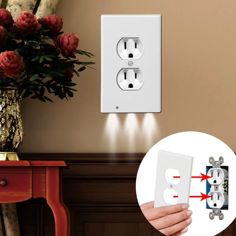 Duplex Electrical Outlet Modern Plugboard Plug-In  Electrical Receptacle Wall Plate With LED Night Lights - Auto On/Off Sensor