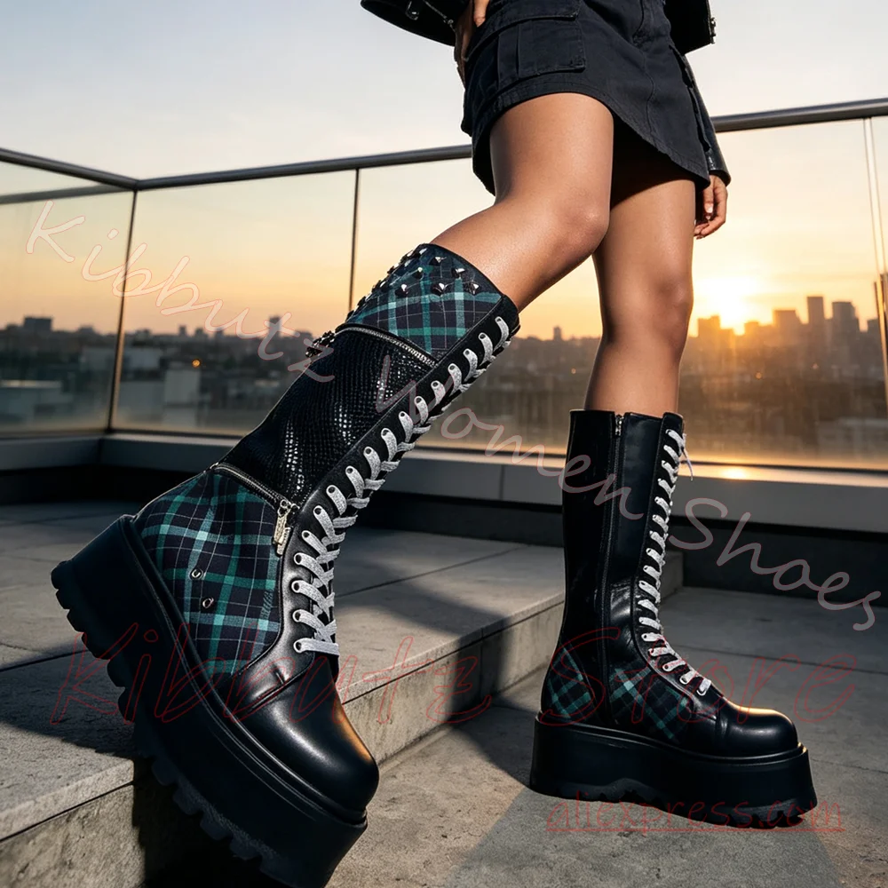 Women Platform Boots Knee High Plaid Patchwork Rivet Decor Lace Up Side Zipper Punk Goth Festival Footwear Leather Mixed Color