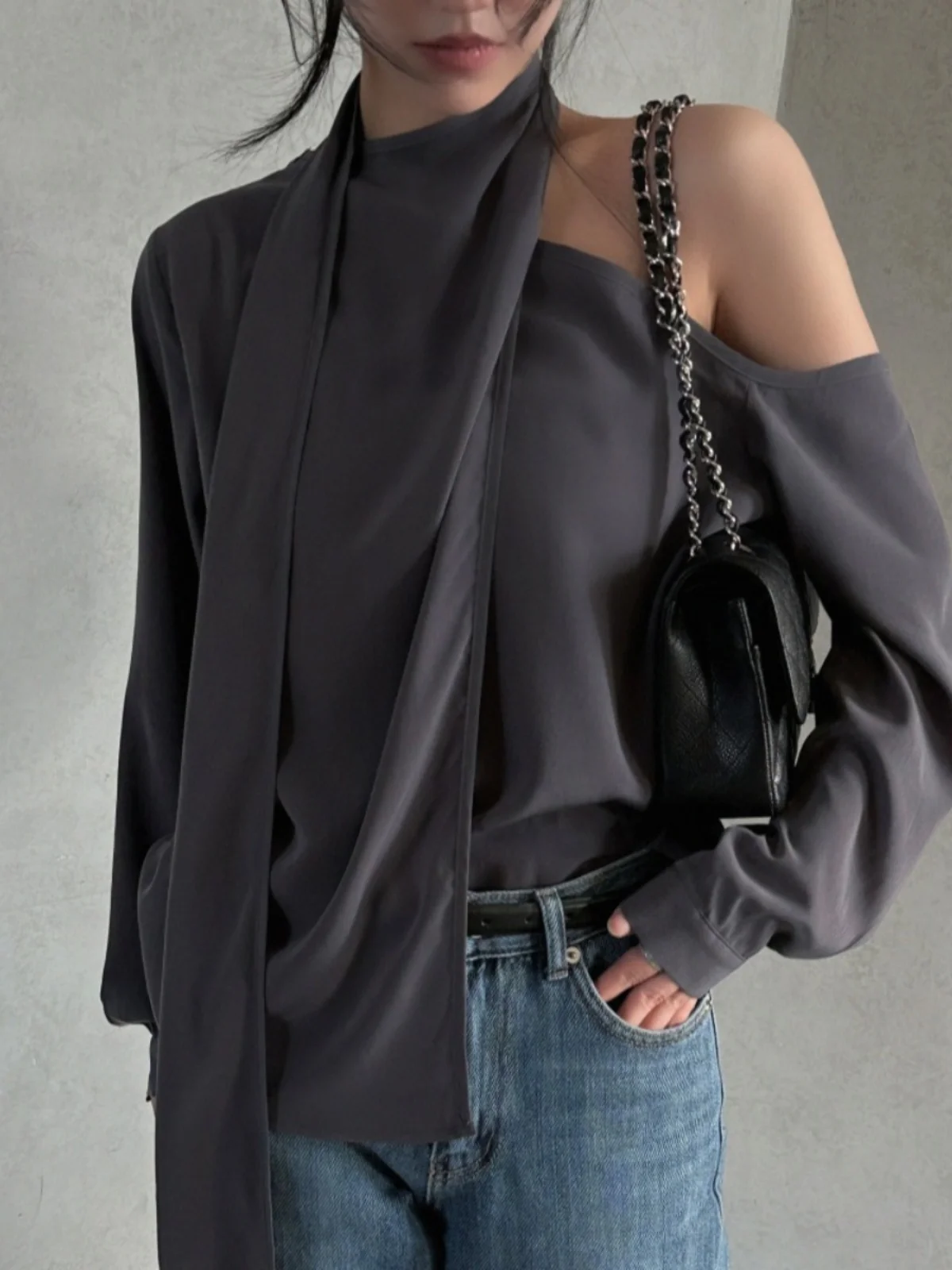 

Ele Semi-oulder Women's irt Spring New Arrival Unique Design Vintage High-End Feelings Sa Korean Sle Loose Fit