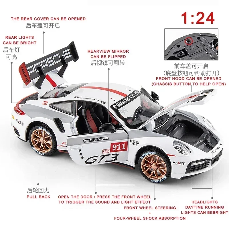 1:24 Porsche 911 GT3 RSR Sports Car Alloy Pull Back Model Car Simulation Children's Diecast Toy Car Boy Toys Garage Kit