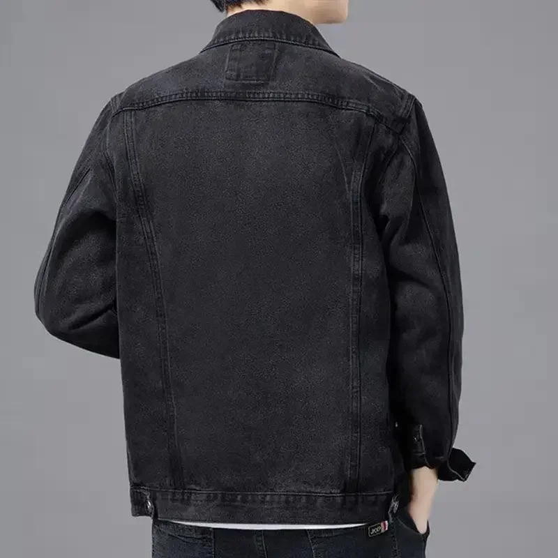 Men's Black Denim Jacket, Spring and Autumn Retro Casual Long Sleeved Top, Fashionable Foldable Collar, Loose Jacket