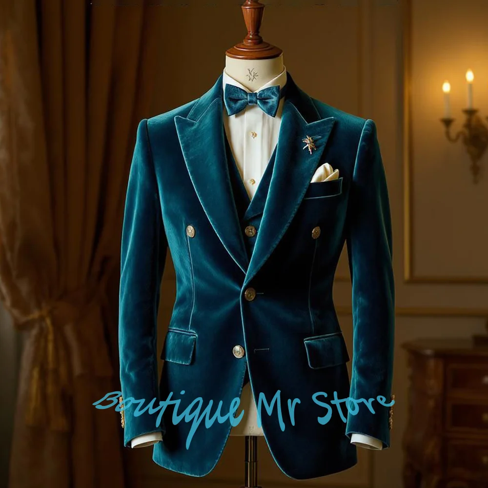 

Elegant Men’s Teal Velvet 3-Piece Suit Single-breasted Set for Groom Wedding Formal Party Prom Red Carpet Evening Wear