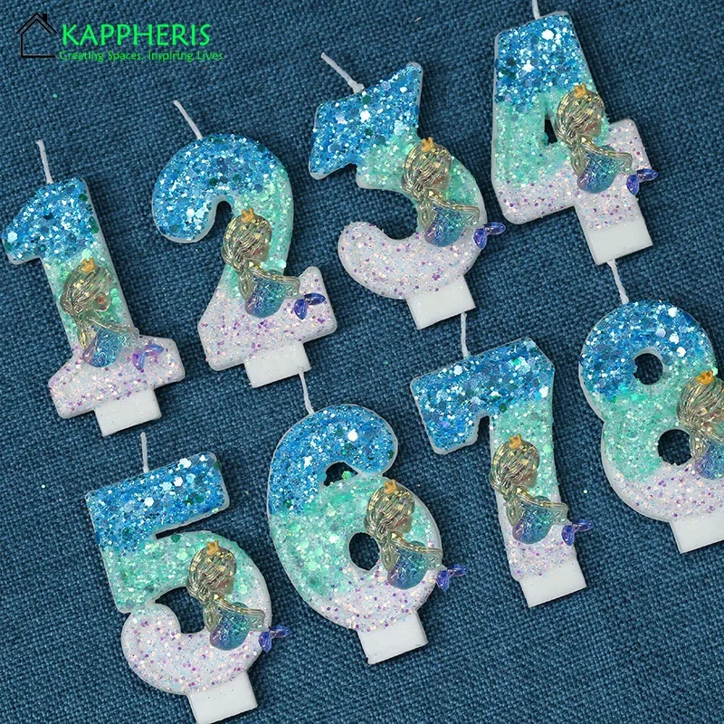 Mermaid Children's Birthday Candles 0-9 Number Giltter Blue Birthday Candles 1 Years Baby for Girls Cake Topper Decoration