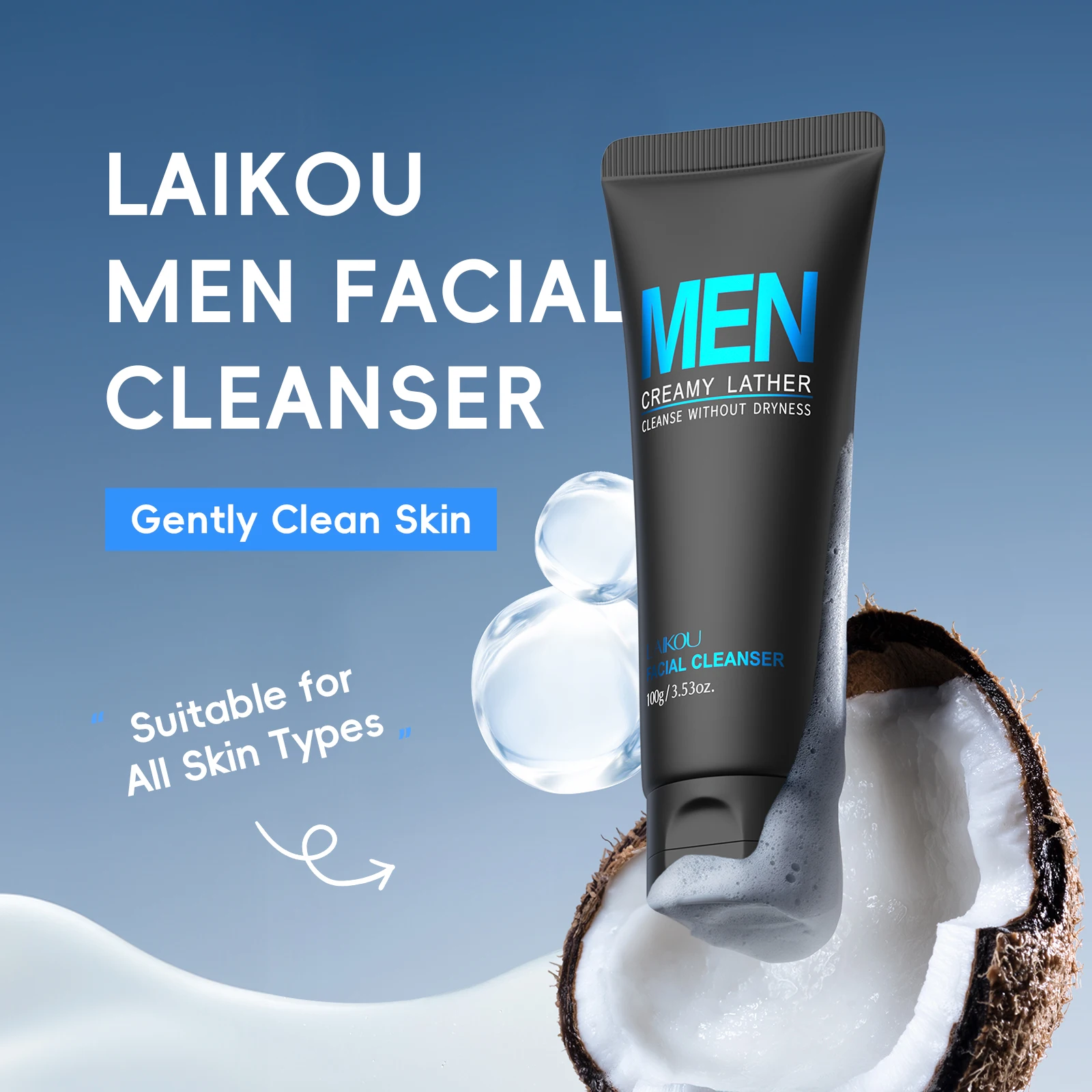 LAIKOU Herren-Gesichtsreiniger, 100 g, Tiefenreinigung, Ölkontrolle, feuchtigkeitsspendend, für klare Haut