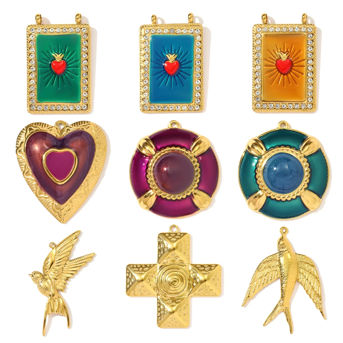 3pcs/Lot Fashion Retro Stainless Steel Enamel Love Heart DIY Earring Charm Swallow Dove Necklace Pendant Women Cross Jewelry